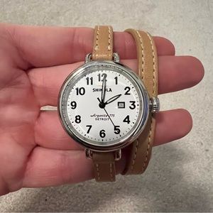 Shinola Birdy watch tan leather strap with silver